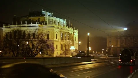 Night view of the old Prague, the Rudolfinum Concert Hall and the Bridge Nearby Stock Footage