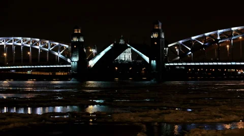 Night view of Opening Bolsheokhtinsky bridge in St. Petersburg, Russia. Full HD Stock Footage 48656996