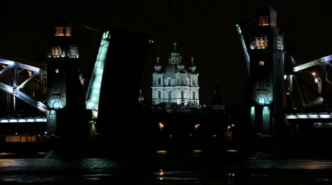 Night view of Opening Bolsheokhtinsky bridge in St. Petersburg, Russia. Full HD Stock Footage 48688111