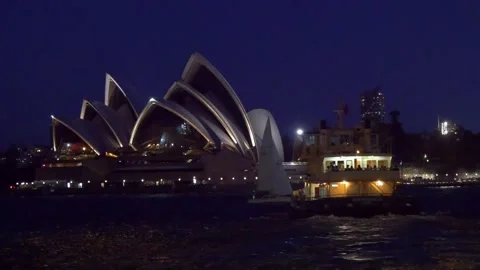 Night View Of Opera House And Ferry Boat In Sydney, Australia Stock Footage 158964742