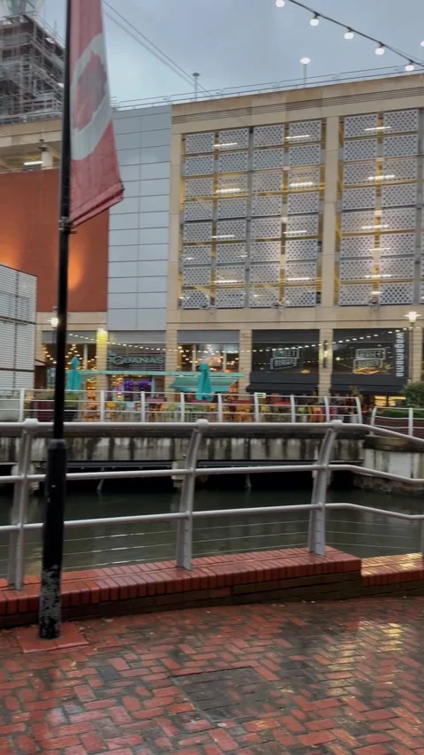 A night view of The Oracle Riverside in Reading Stock Footage 328091442