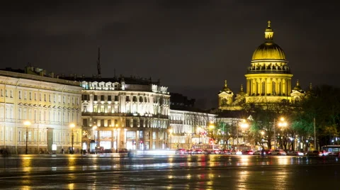 Night view of Palace square and Saint Isaac Cathedral Stock-Footage 57976587
