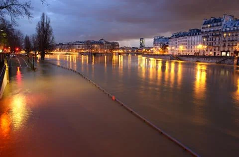 Night view of Paris flood as river Seine rises and approaches record level. J Stock Photos