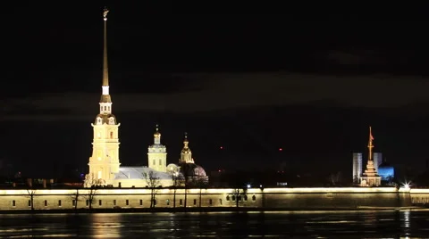 Night view of the Peter and Paul Fortress, St. Petersburg, Russia. Full HD Stock Footage 48657215