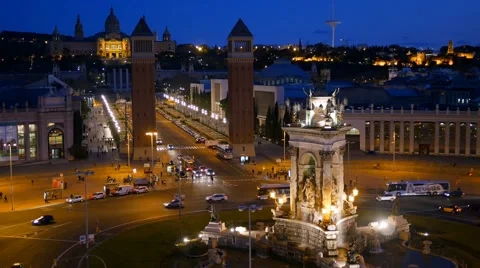 Night view of Placa De Espanya( Square of Spain). Barcelona, Spain. UHD, 4K Stock Footage 49362596