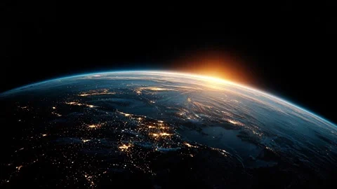 Night view of planet Earth from space with the sun rising on the horizon Video stock 314826154