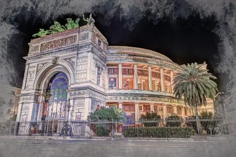 Night view of the Politeama Garibaldi theater in Palermo Stock Illustration