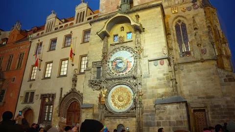 Night View of Prague Astronomical Clock Glowing on Historic Facade Stock Footage 324003198