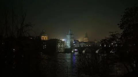 Night view of the Prague bridge on the river Vltava Stock Footage 73401794