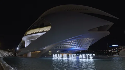 Night view of the Queen Sofia Palace of the Arts in Valencia Stock Footage 124624958