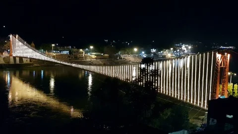Night view of Ram Jhula, a landmark of Rishikesh Stock-Footage 106741002