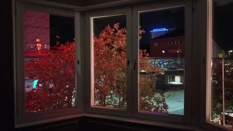 Night View of Red Trees and City Buildings through Swedish Bay Window Vidéo 347682354
