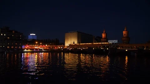 Night view of river Spree and Oberbaum bridge. Berlin, Germany. Stock Footage 118453766