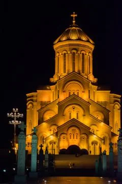 Night view of Sameba - Holy Trinity Cathedral of Tbilisi Georgia, August 2018 Stock Photos