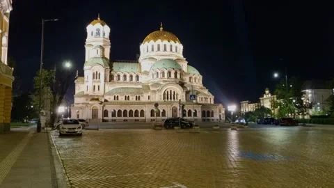 Night view of the side facade of St. Alexander Nevsky Cathedral in Sofia Stock Footage 310761033