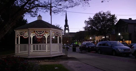 Night View of Small Town USA and Gazebo Stock Footage