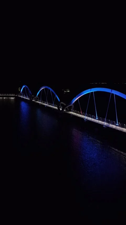 Night View of Sölvesborg Bridge with Cityscape. Stock Footage 319351178
