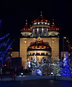 Night view of St. Peter and Paul Orthodox Cathedral, Mioveni, Arges, Romania. Stock Photos