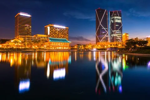 Night view in sumer at Songdo Central Park in Songdo  District, Incheon, So.. Stock Photos