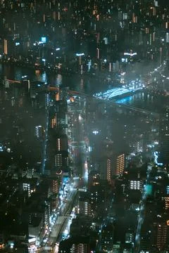 Night view of the Sumida River bridges and city streets from Tokyo Skytree Stock Photos