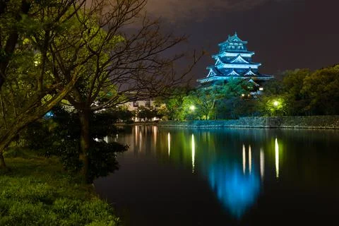 Night view of the surrounding area of Hiroshima Castle, Hiroshima, Japan. Stock Photos