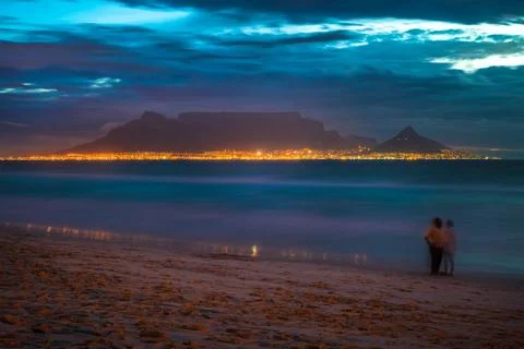 Night view of Table Mountain and Cape Town, South Africa Stock Photos