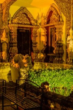 Night view of temple complex. bench Stock Photos