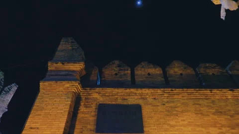 Night view of Tha Pae Gate with moon in Chiang Mai Stock Footage 342339428