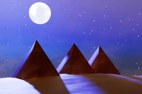 Night view of three pyramids under a full moon with a starry sky. Illustrazione stock