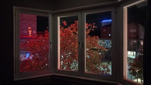 Night View through Interior Windows with Red Trees and City Lights in Sweden Vidéo 347682374