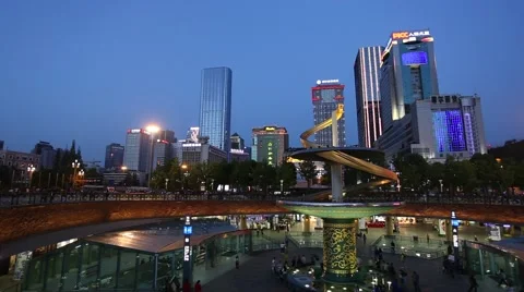 Night view of Tianfu Square central business district in the blue hour, Chengdu, Stock Footage 63314574