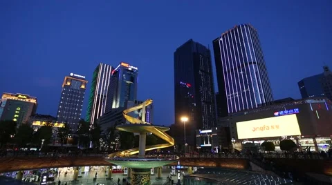 Night view of Tianfu Square central business district in the blue hour Stock Footage 63314911
