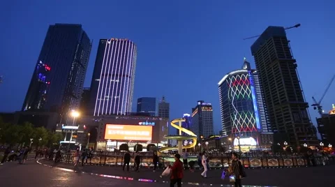 Night view of Tianfu Square central business district in the blue hour Stock Footage 63316261