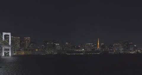 Night view of the Tokyo, Japan Bay area. Pan Right to Left. Stock Footage 166325666