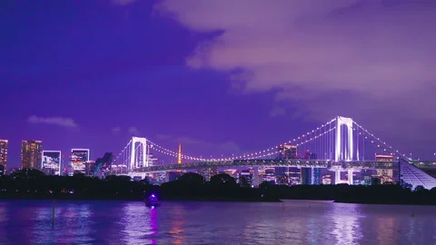 Night view of Tokyo Rainbow Bridge and city skyline from Odaiba Stock Footage 341623208