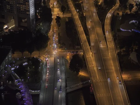 Night view from the top on the road with heavy traffic Singapore Stock Footage 84800315