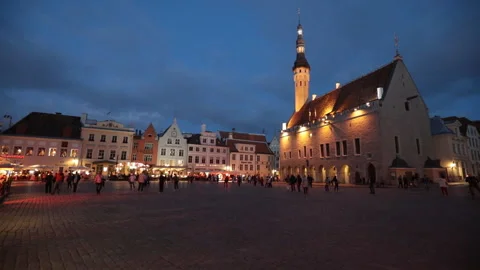 Night view to Town Hall square in Tallinn, Estonia Stock Footage 87621357