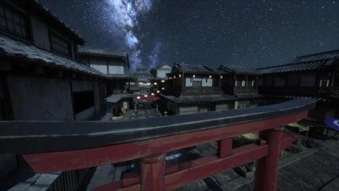 A night view of a town with a sky full of stars Stock Illustration