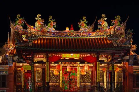 Night view of traditional old chinese temple in Penang Stock Photos