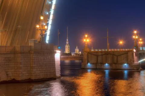 Night view of Trinity Bridge and Peter and Paul Cathedral. 写真素材