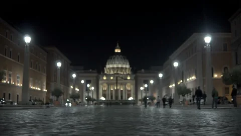 Night view of the Vatican and illuminated Via di Conciliazione in Rome. Stock Footage 99260853