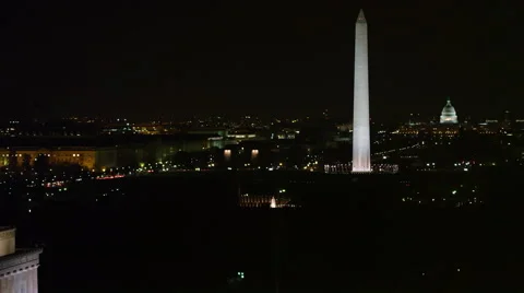Night view of Washington Monument with Capitol in distance, Lincoln Memorial Stock Footage 59194760