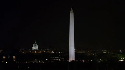 Night view of Washington Monument with Capitol in distance, Lincoln Memorial Stock Footage 59194844