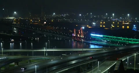 Night View of West Oder River and Craneosaurs in Szczecin Poland Stock-Footage 342167756