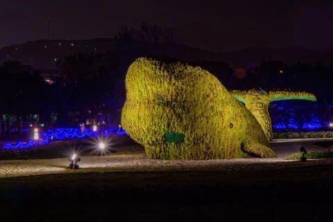 Night view of a whale shape structure with plants on it Foto stock