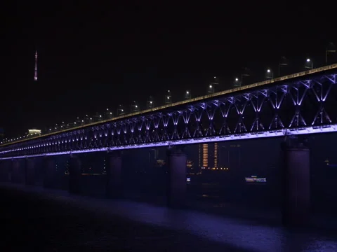 Night view of Wuhan Changjiang River bridge Stock Footage 76807007