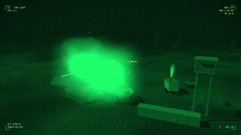 Night vision feed of a quadcopter strike on forward camp 库存影片 342333337