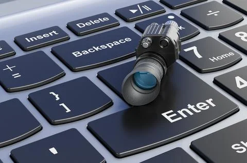 Night vision monocular on computer keyboard, 3D rendering Stock Illustration