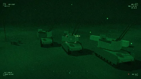 Night vision self propelled anti aircraft gun in a firing position Stock Footage 342297595