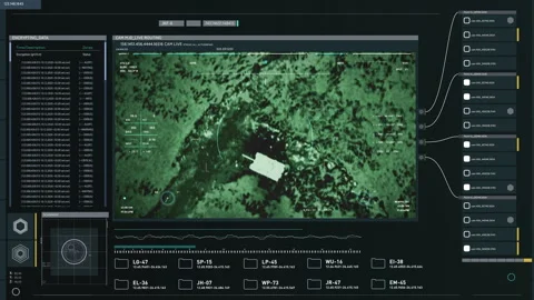 Night vision software has identified tank on the ground and launching a missile Stock Footage 276315083